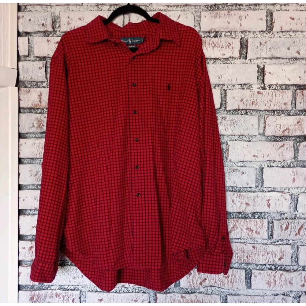 Ralph Lauren Button-Down Flannel Shirt Mens XXL Red Black Gingham Check Classic